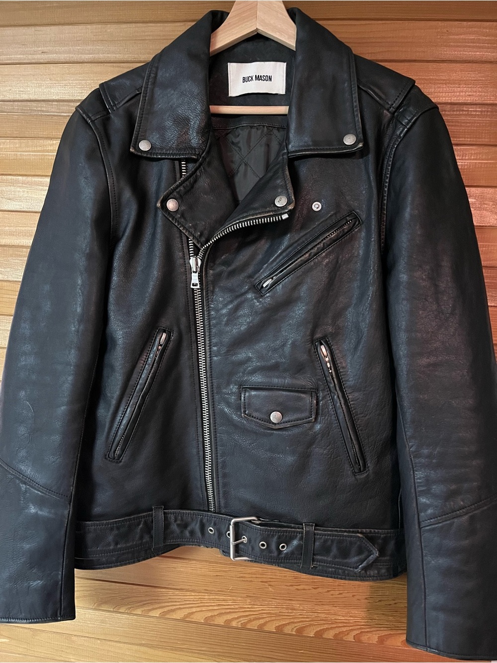 Buck Mason Black Leather Biker Jacket with Belt